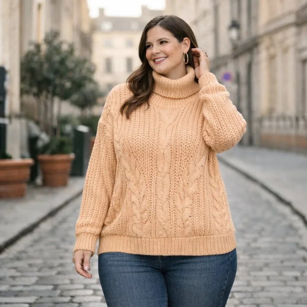 Plus Size Textured Cable Knit Ribbed Hem Turtleneck Sweater 5XL (Fits Smaller) - Picture 3 of 6